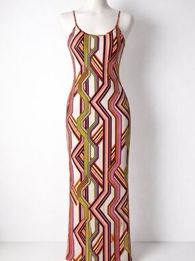 MSK Geometric Print Maxi Dress Sleeveless Spaghetti Strap Colorful size L NWT